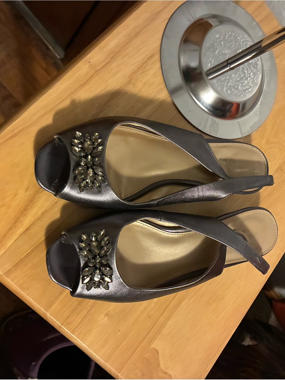 East 5th Metallic Gunmetal Jewel-Embellished Peep-Toe Slingback Mules